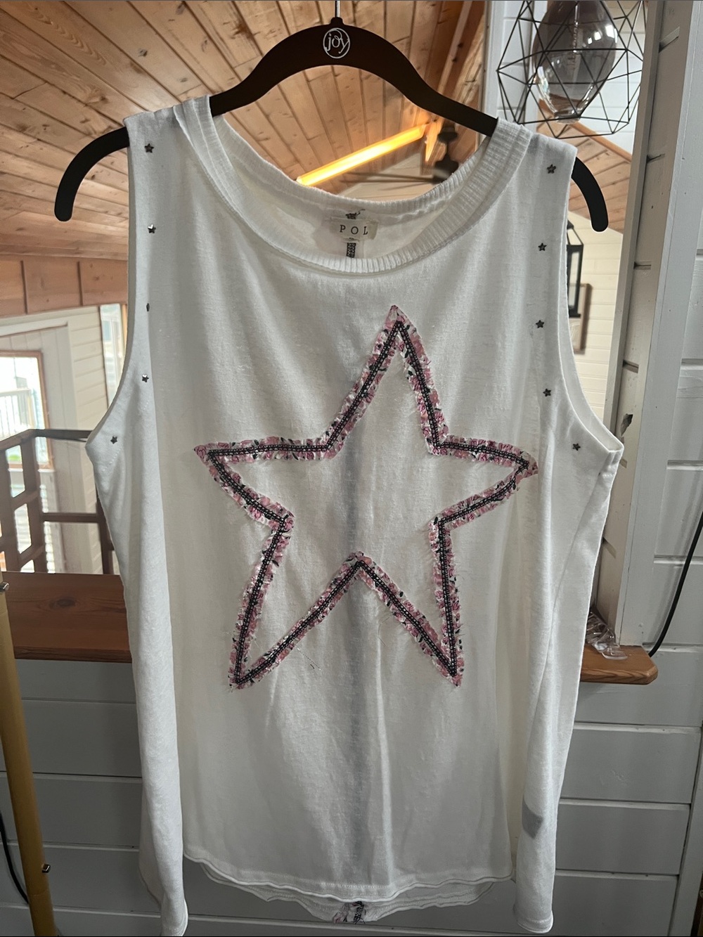 POL White Tank with Pink & Black Sequin Star